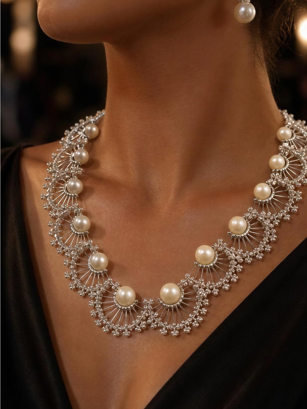 ON SALE GOING FAST! Silver Fan Filigree Necklace - Ivory Pearls